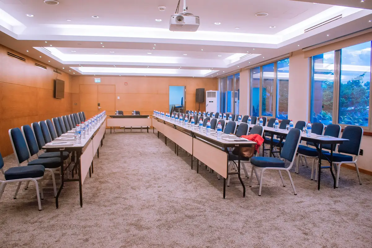 Empty conference room with a long table