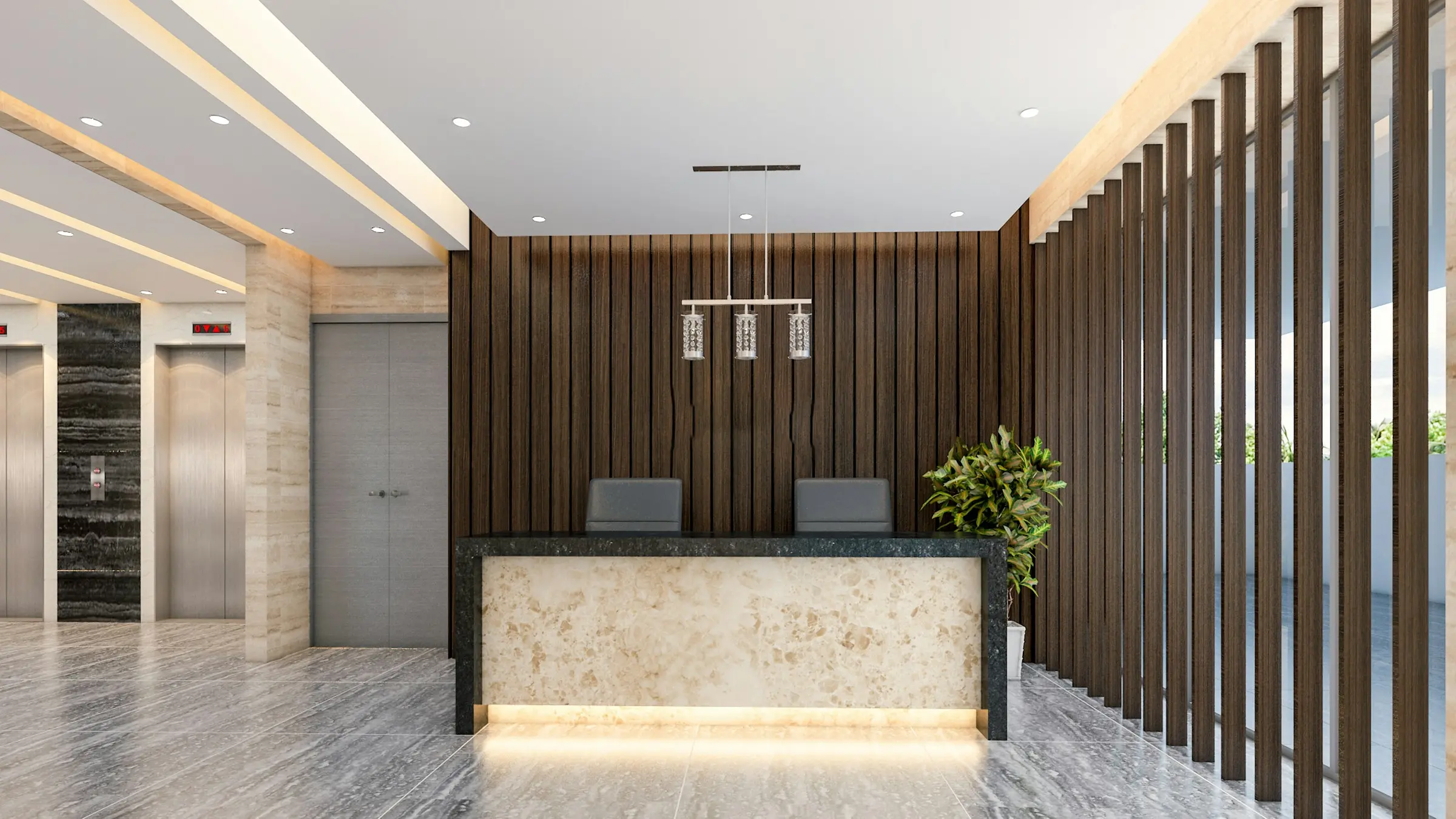 Bright lobby with a reception desk and elevators