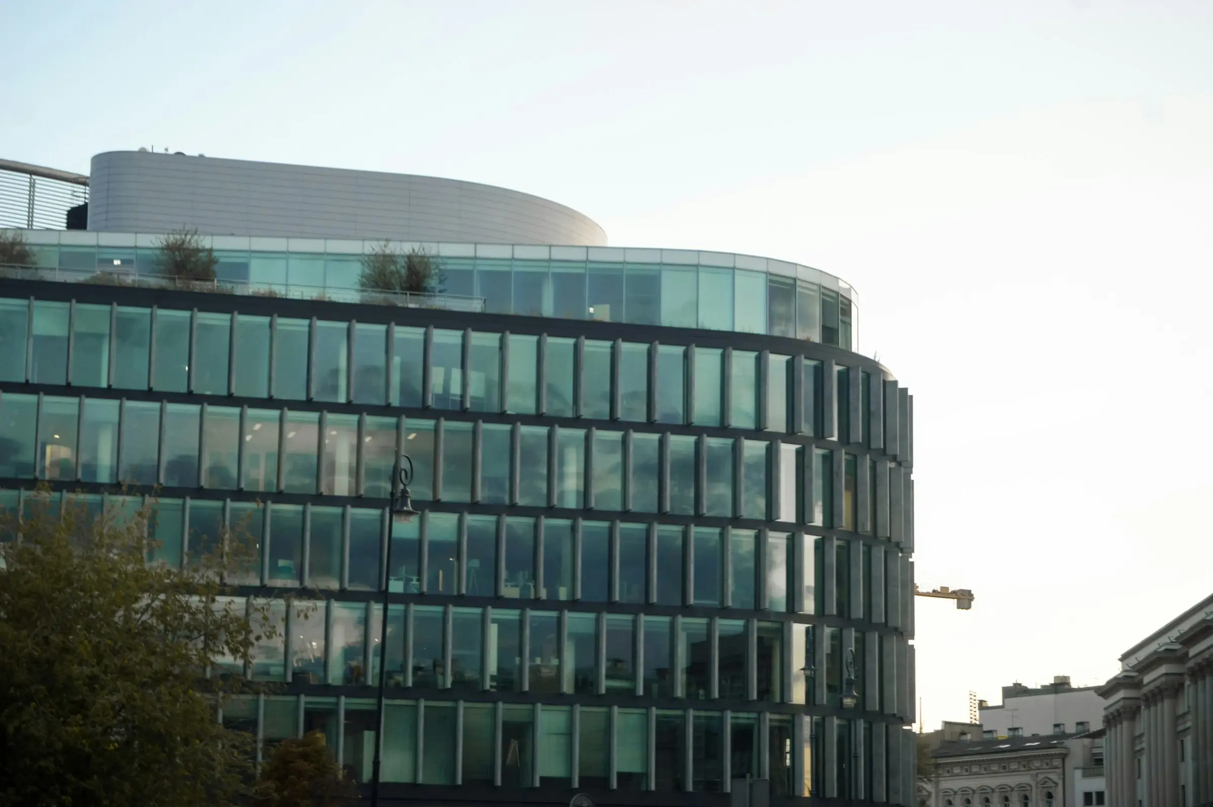 Curved glass office building exterior