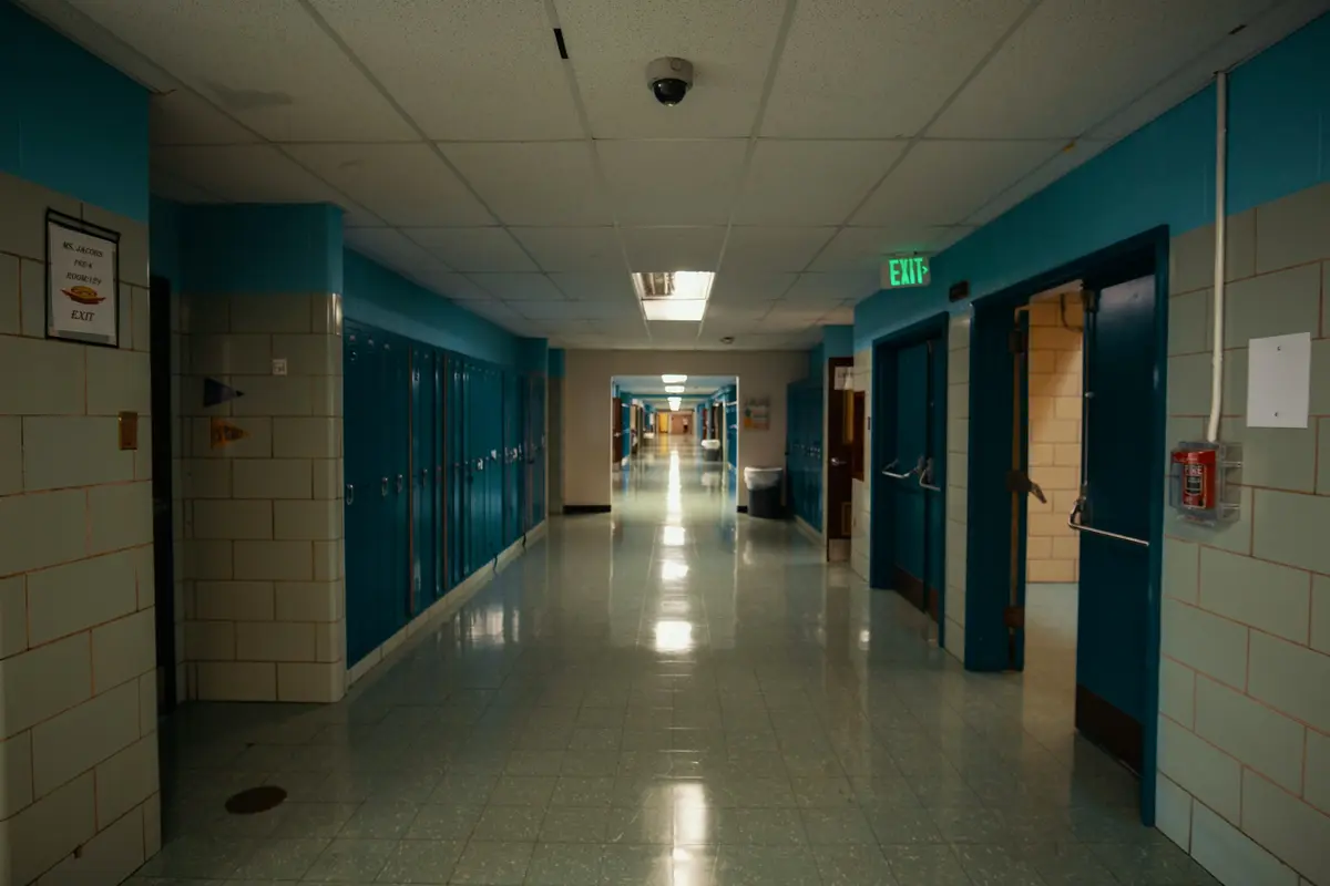 School hallway with lockers and a polished floor